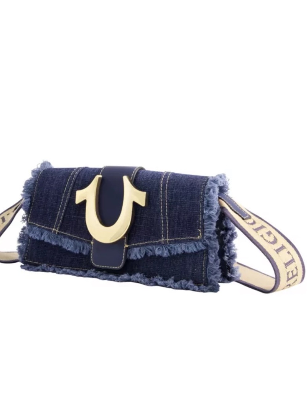 True Religion Dark Blue Frayed Denim Crossbody Bag with Gold Hardware - Picture 3 of 7
